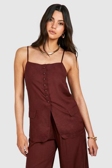 Linen Look Button Front Longline Vest chocolate