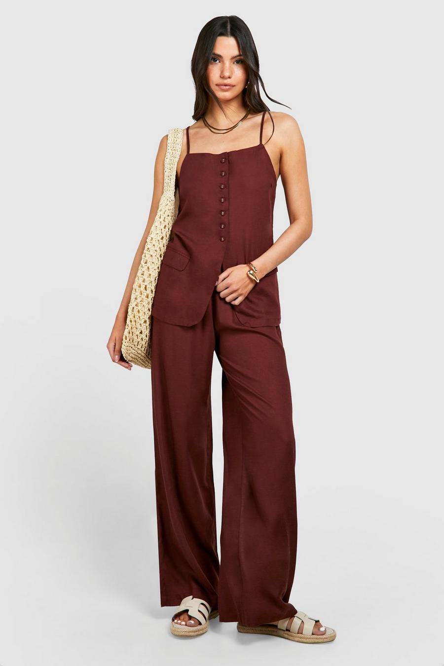 Chocolate Linen Look Wide Leg Trouser image number 1