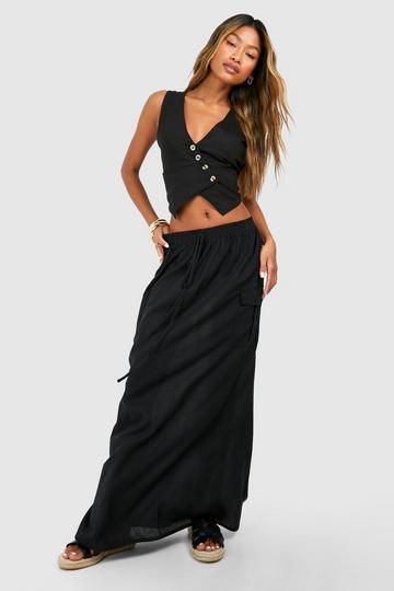 Linen Look Cargo Column Maxi Skirt black