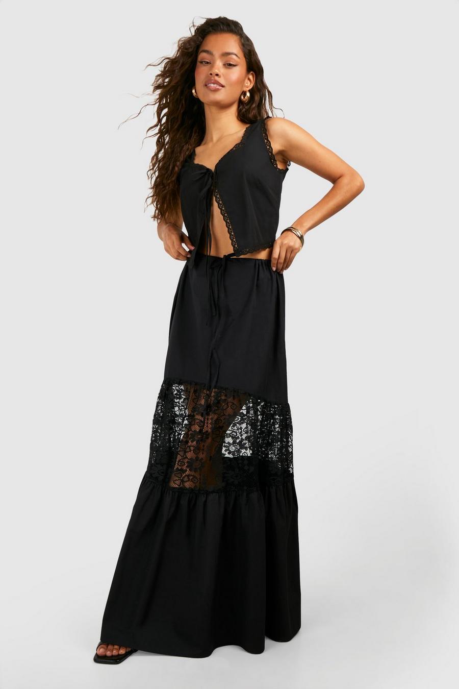 Black Lace Trim Tiered Maxi Skirt image number 1