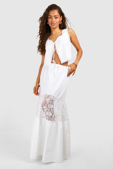 Lace Trim Tiered Maxi Skirt ivory