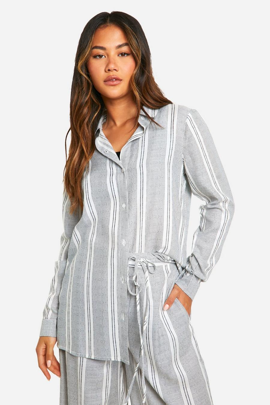 Black Tonal Stripe Linen Look Relaxed Fit Shirt image number 1