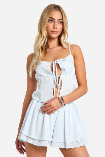 Linen Look Strappy Tie Front Crop blue