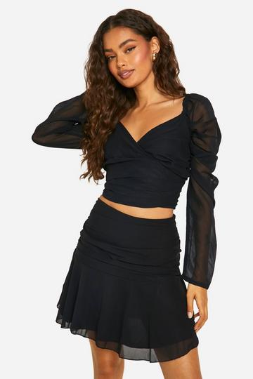 Black Chiffon Ruched Bust Puff Sleeve Crop