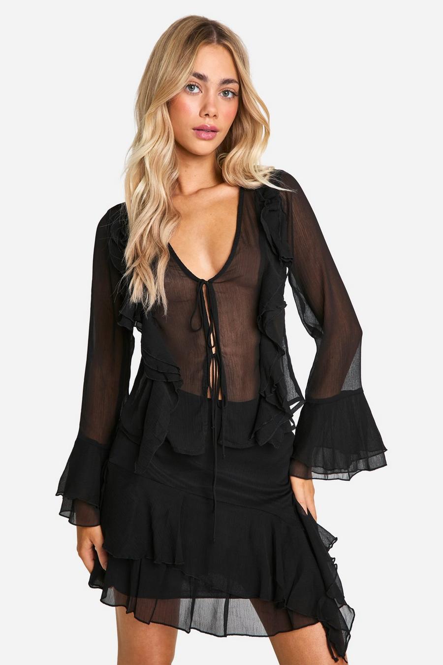 Black Chiffon Ruffle Front Tie Blouse image number 1