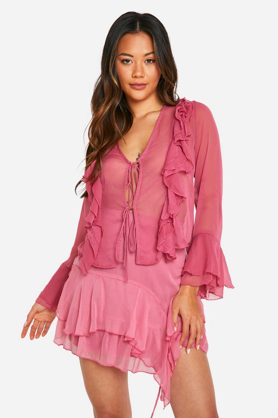 Rose Chiffon Ruffle Front Tie Blouse image number 1