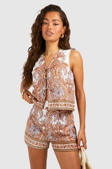 Paisley Print Linen Look Tie Front Crop cream