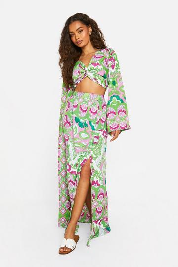 Mixed Print Split Front Maxi Skirt emerald