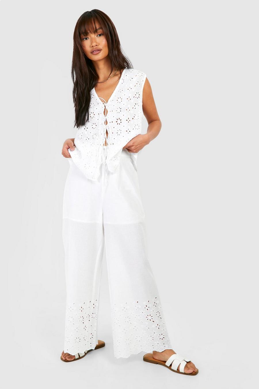 White Broderie Straight Leg Trousers image number 1