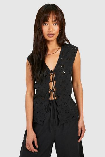 Eyelet Tie Front Top black