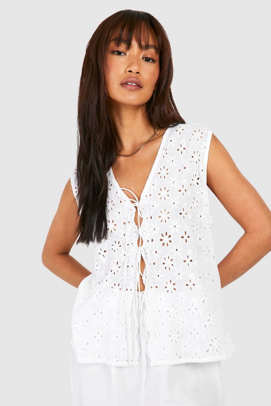 White Eyelet Tie Front Top image number 1
