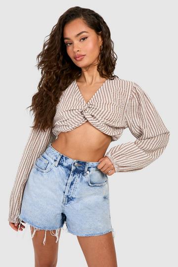 Stone Beige Tonal Stripe Seersucker Twist Front Crop