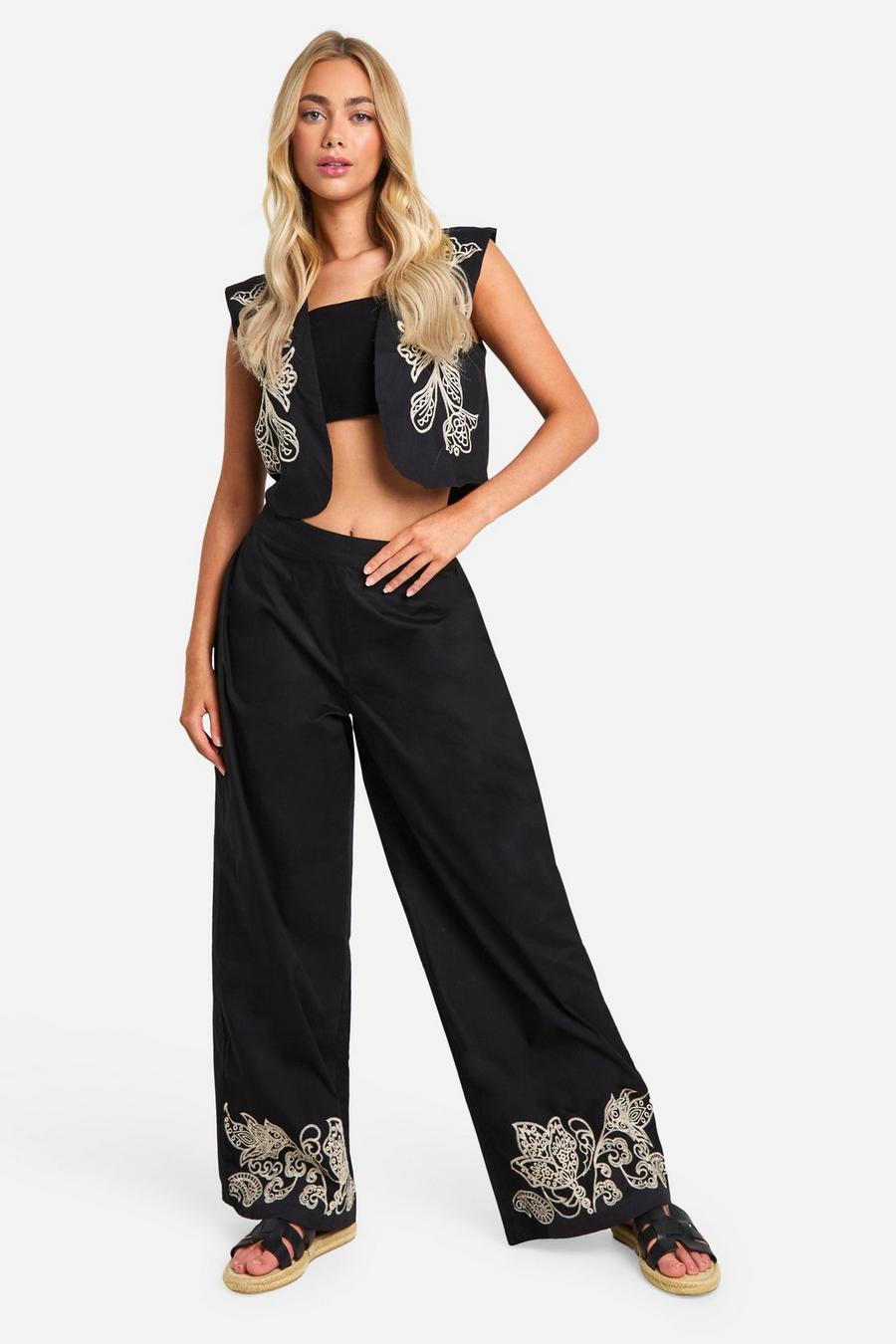 Black Embroidered Hem Wide Leg Trousers