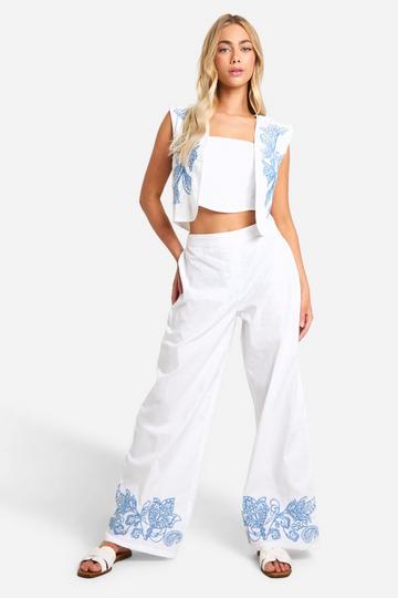 Embroidered Hem Wide Leg Pants white