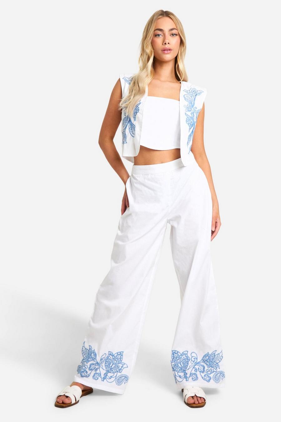 White Embroidered Hem Wide Leg Trousers image number 1