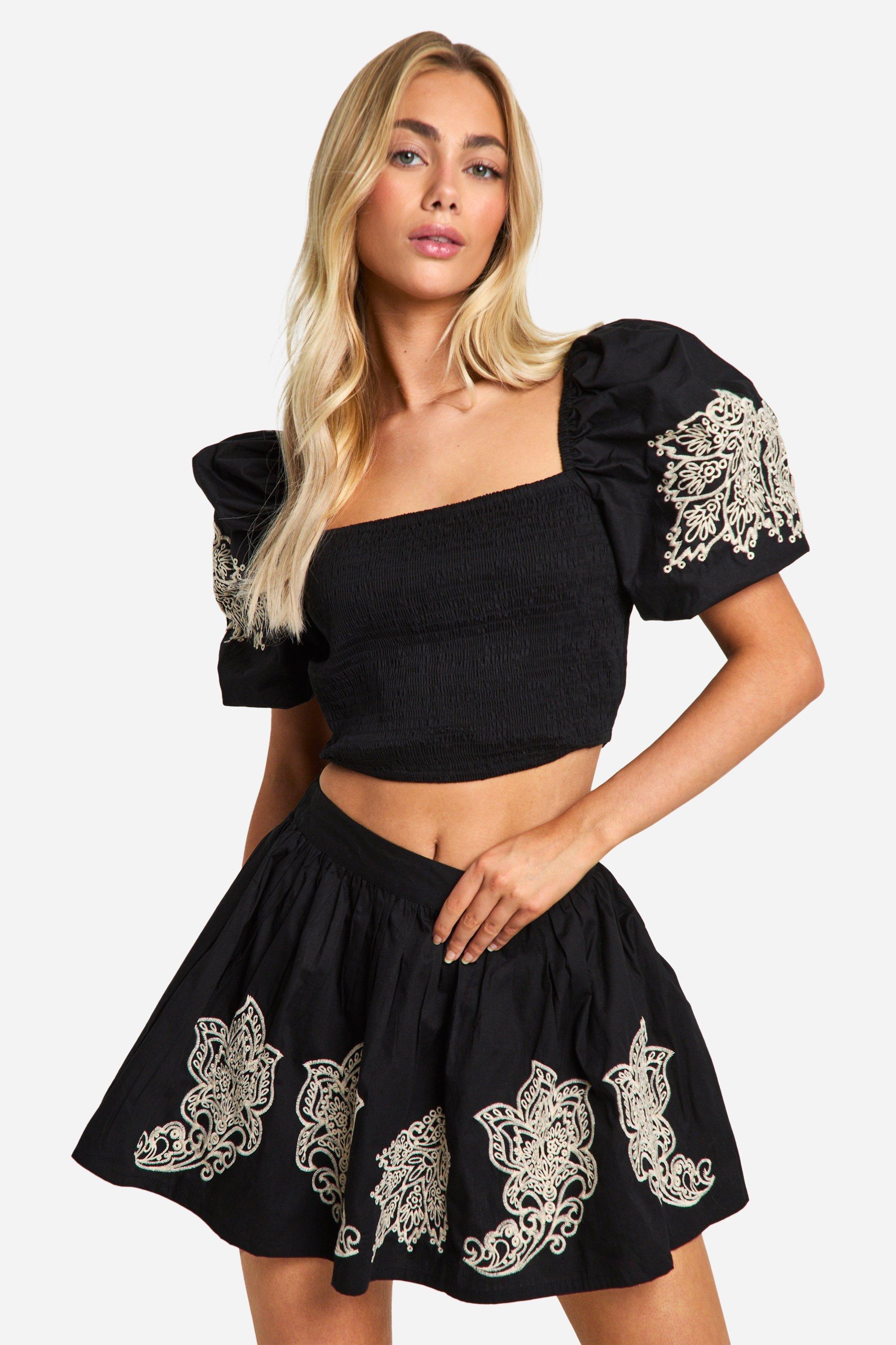 Black Embroidered Full Mini Skirt