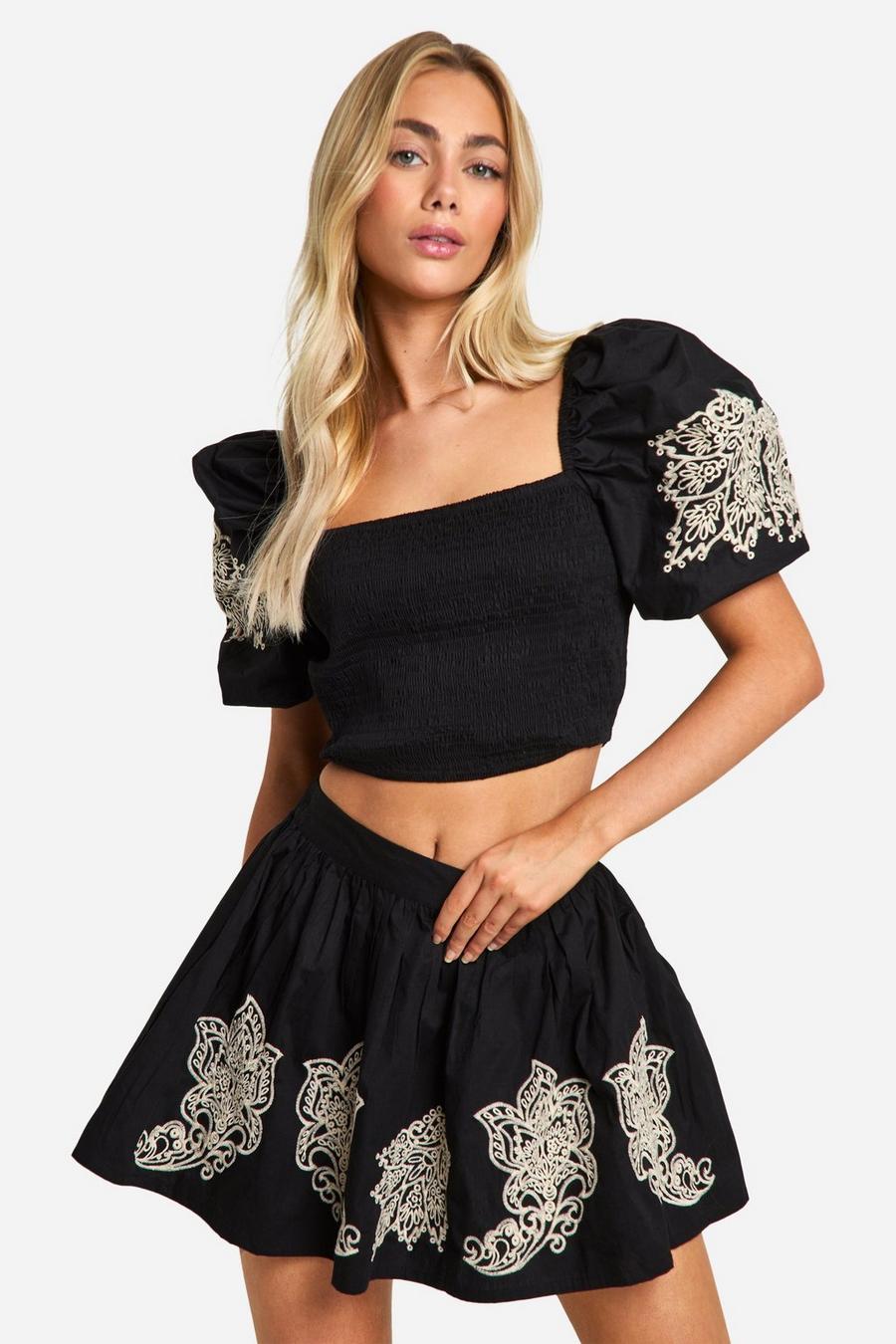 Black Embroidered Full Mini Skirt