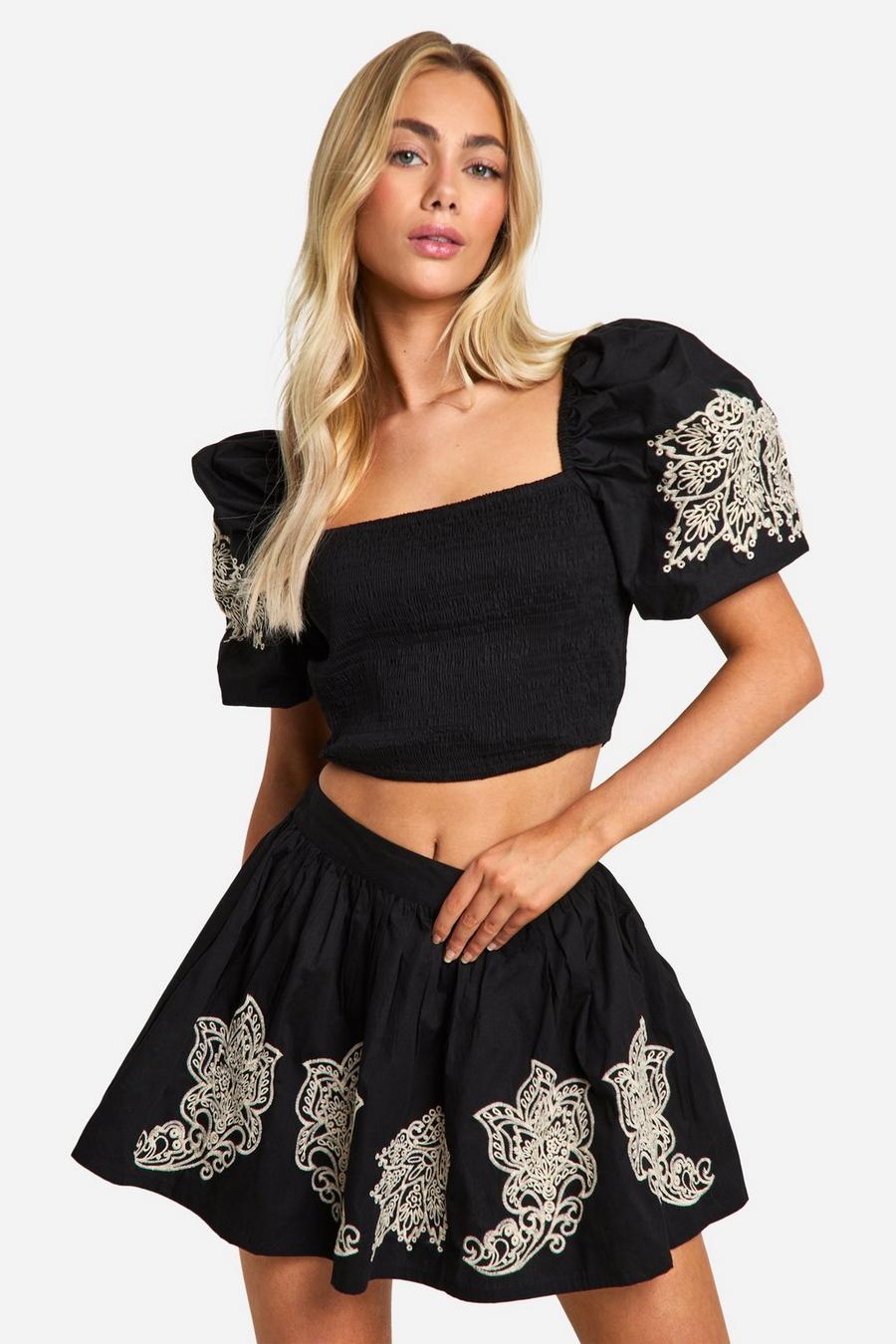 Black Embroidered Puff Sleeve Top image number 1