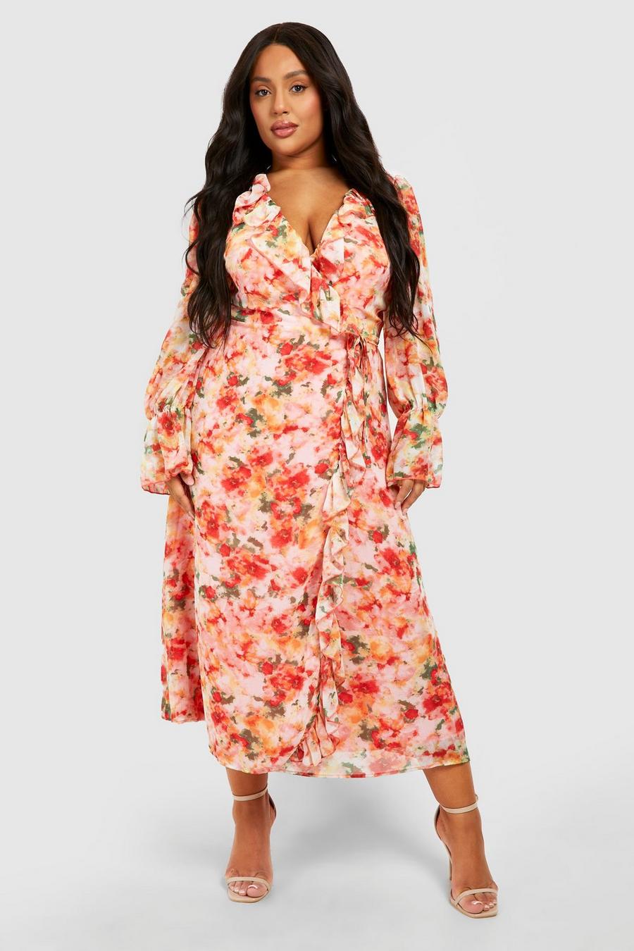 Women's Plus Floral Print Ruffle Wrap Midi Dress | Boohoo UK