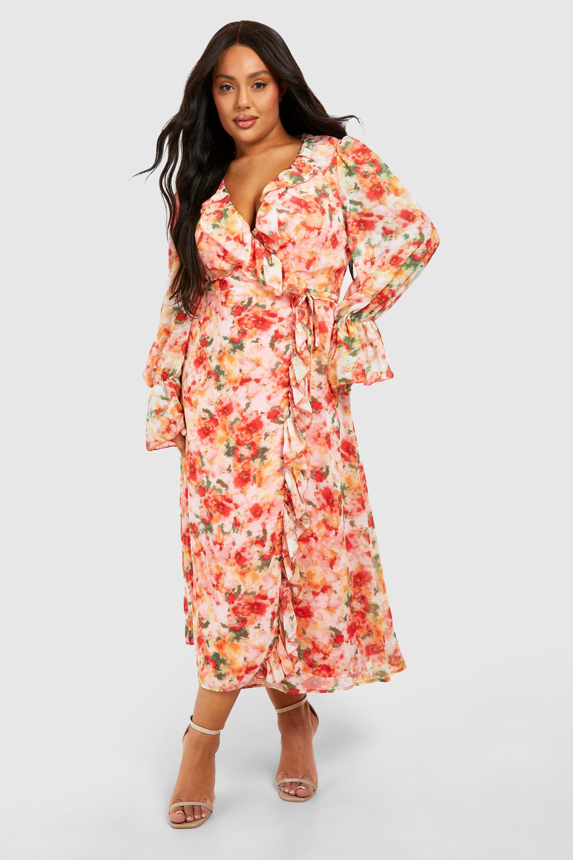 Plus Floral Ruffle Wrap Maxi Dress