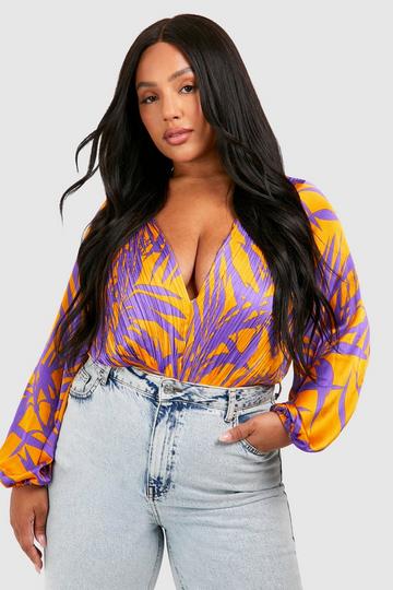 Orange Plus Floral Print Pleated Bodysuit