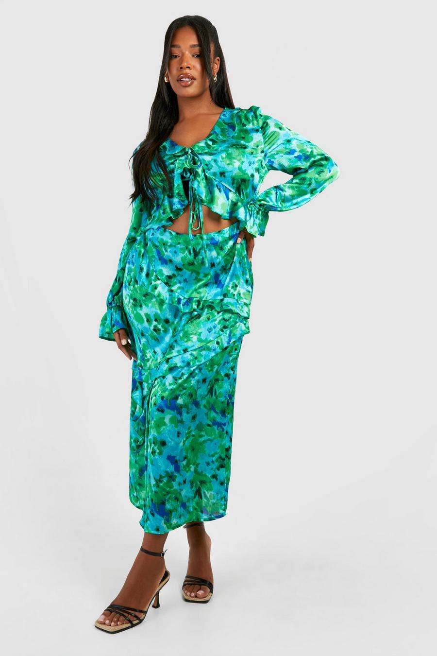 Vestito longuette Plus Size a fiori con arricciature e cut-out, Green image number 1