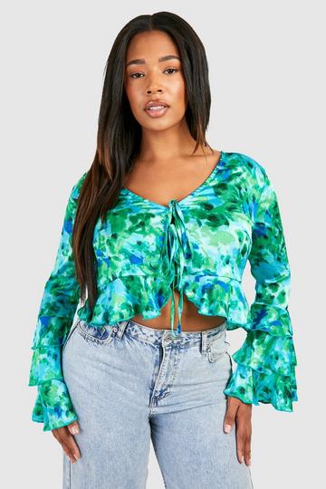 Green Plus Floral Print Ruffle Top