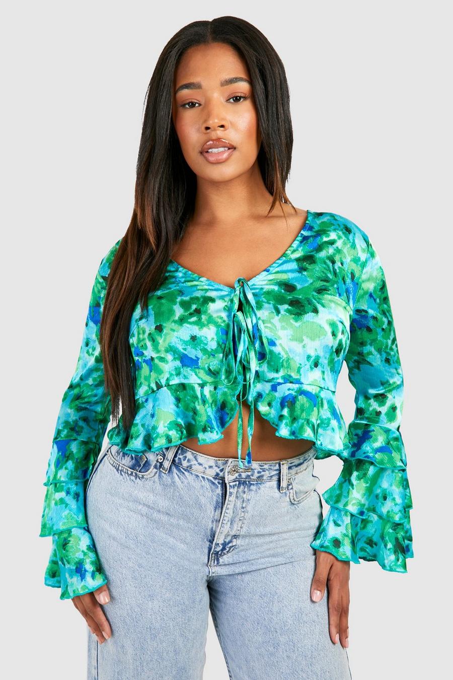 Green Plus Floral Print Ruffle Top image number 1