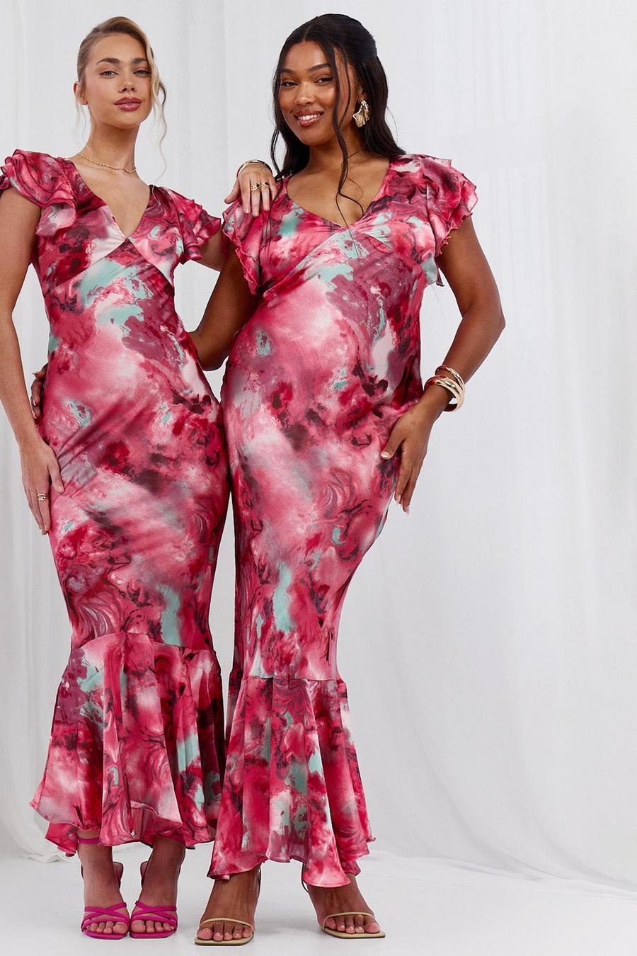 Vestito maxi Plus Size in raso marmorizzato con maniche arricciate, Pink image number 1