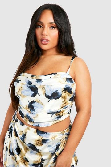 Plus Floral Satin Corset Top blue