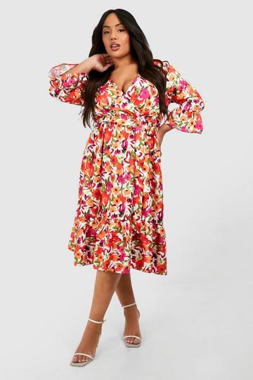 Plus Floral Print Ruffle Hem Spotty Wrap Dress multi