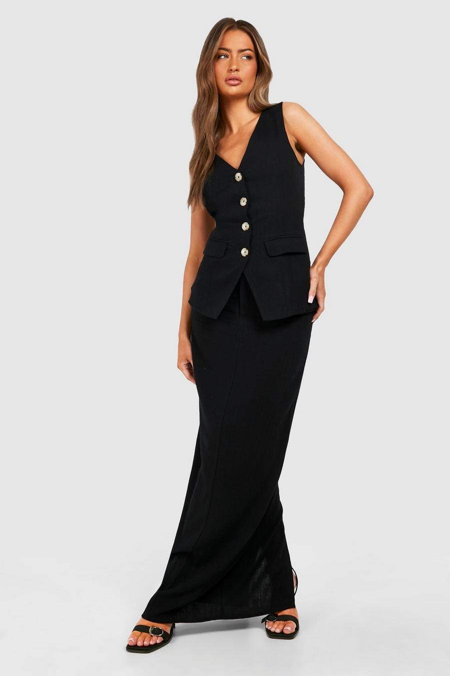 Black Linen Look Column Fitted Maxi Skirt image number 1