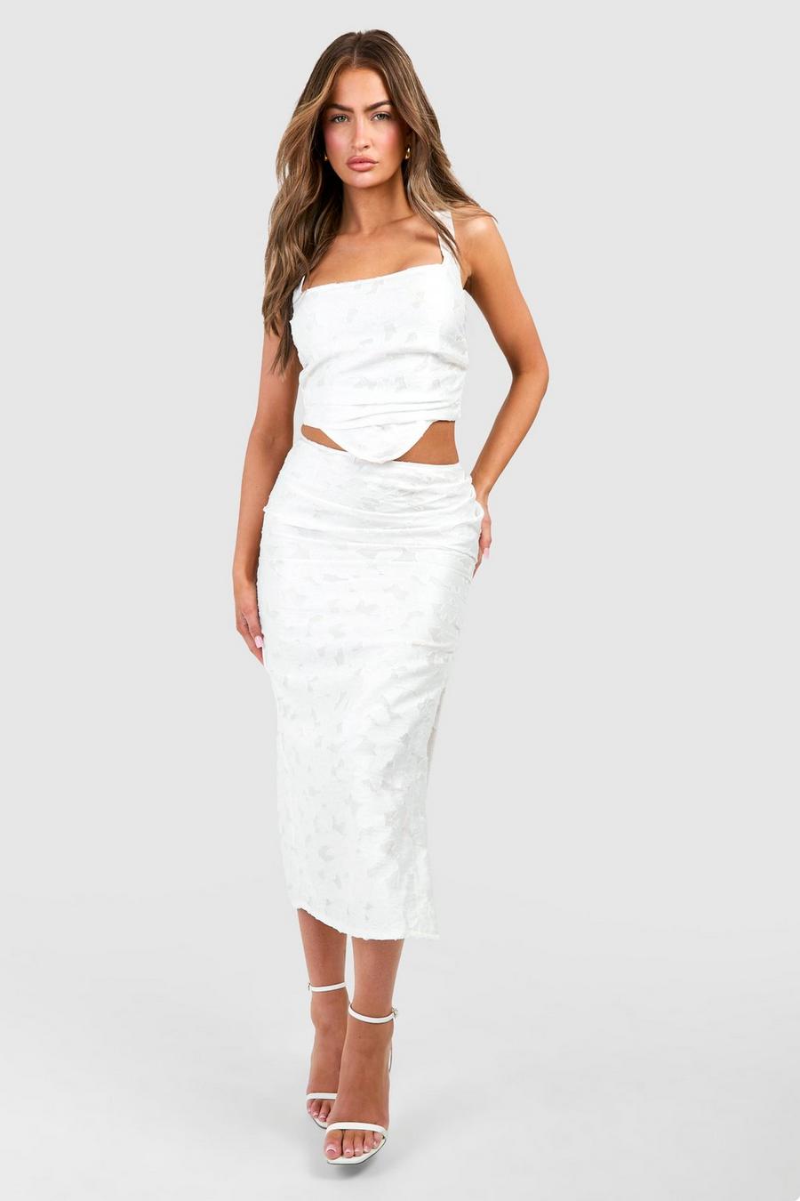 Ivory Burnout Floral Column Midi Skirt