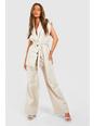 Natural beige Tonal Stripe Linen Look Relaxed Fit Wide Leg Trousers