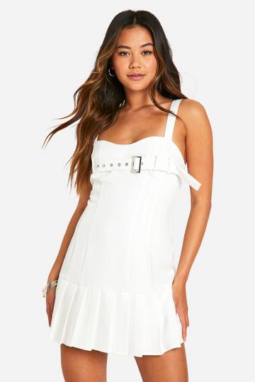 Buckle Detail Pleated Pep Hem Mini Dress ivory