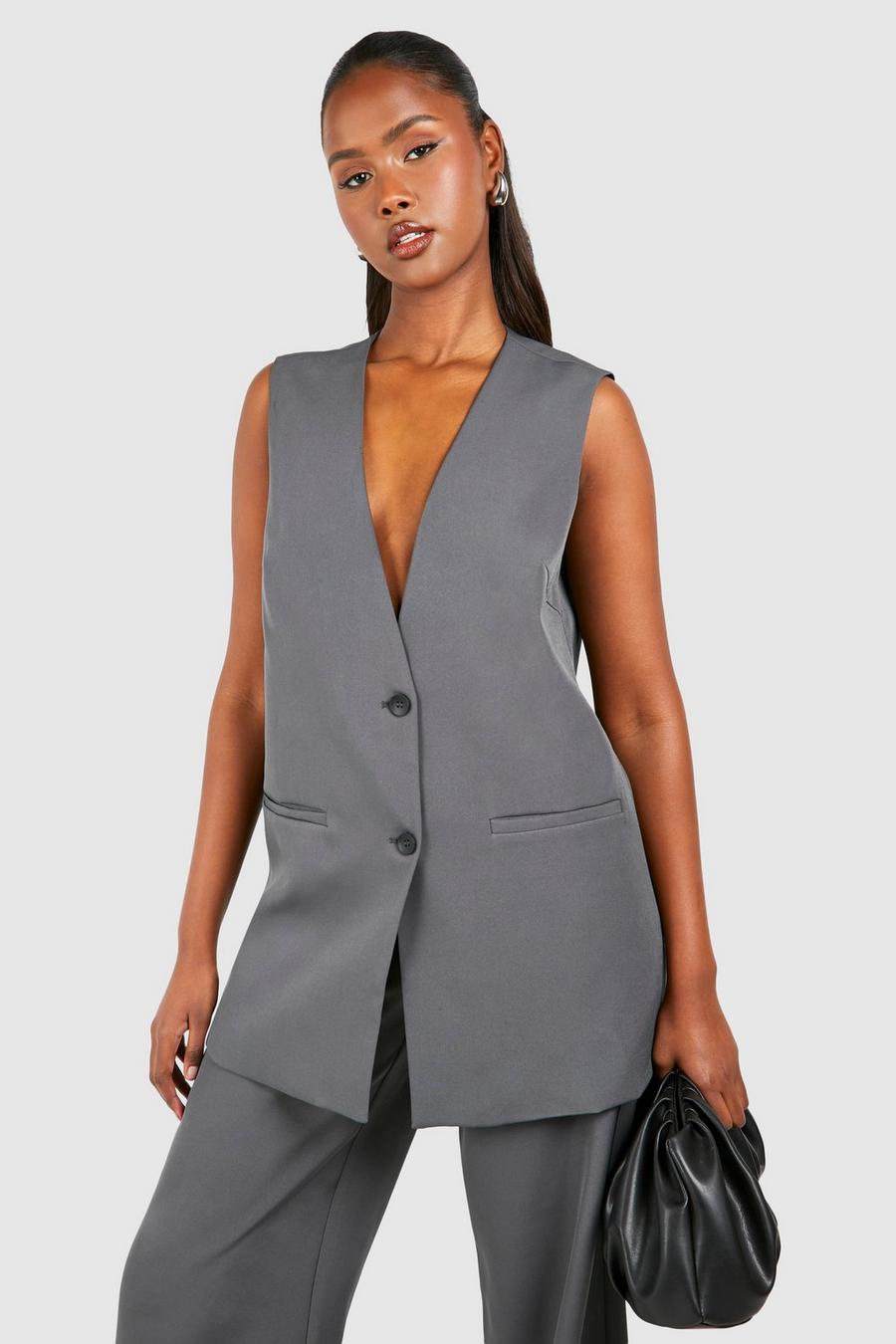 Gilet long à bouton contrastant, Charcoal