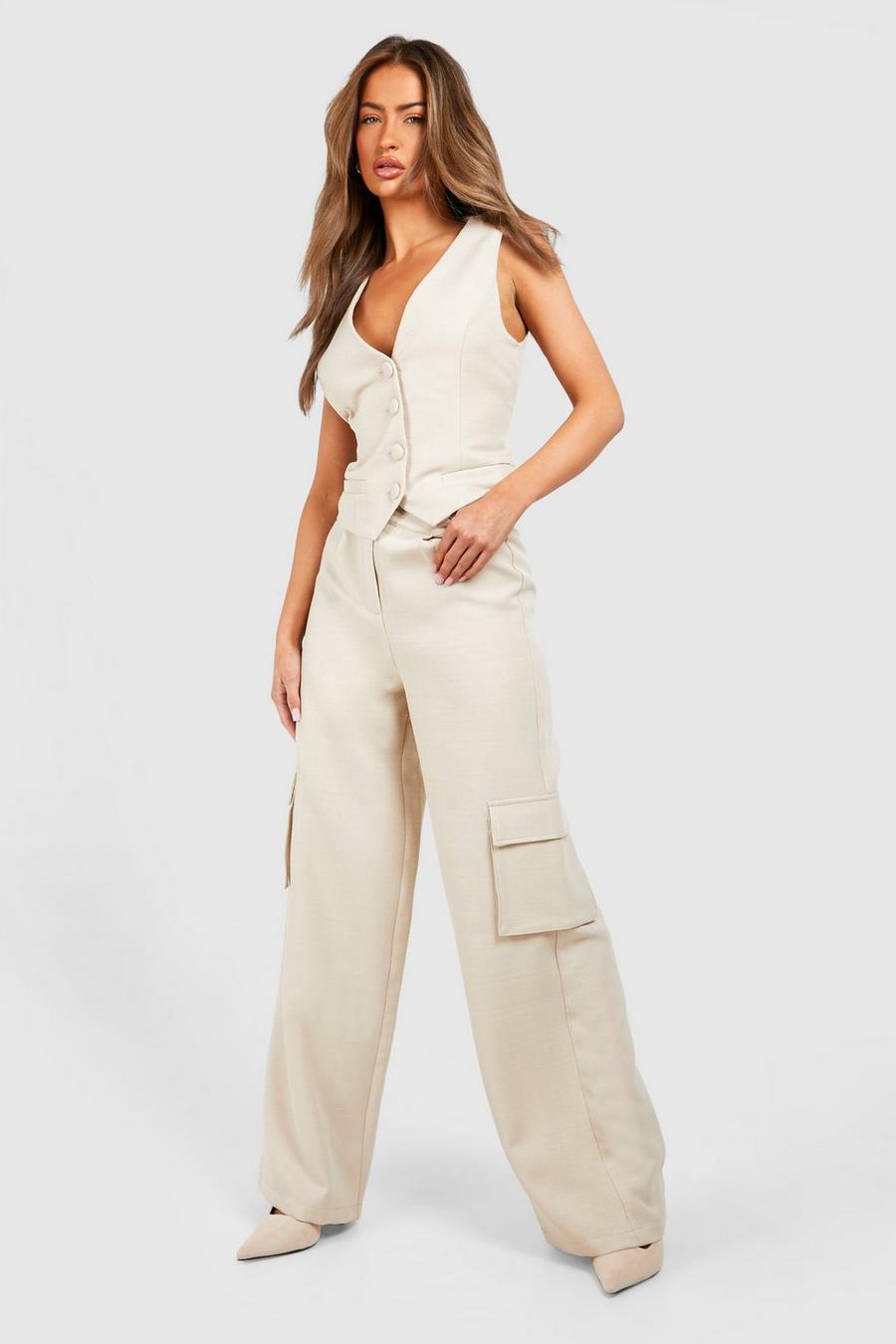 Natural beige Textured Cargo Pocket Wide Leg Trousers  image number 1
