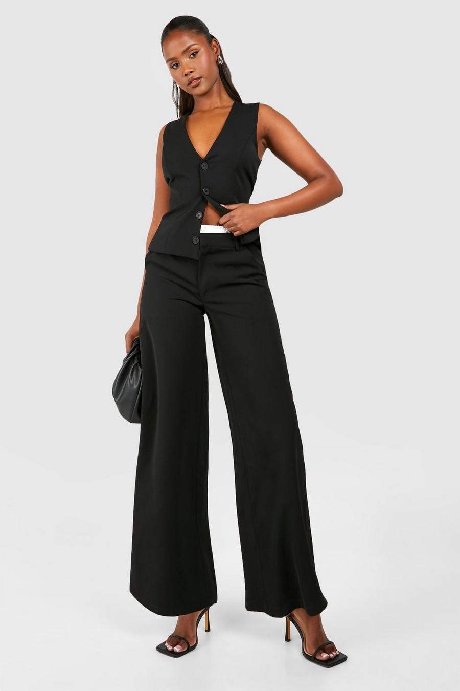Black Contrast Waistband Wide Leg Tailored Trousers image number 1