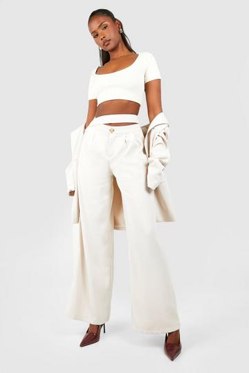 Tab Front Pleat Detail Wide Leg Trousers stone