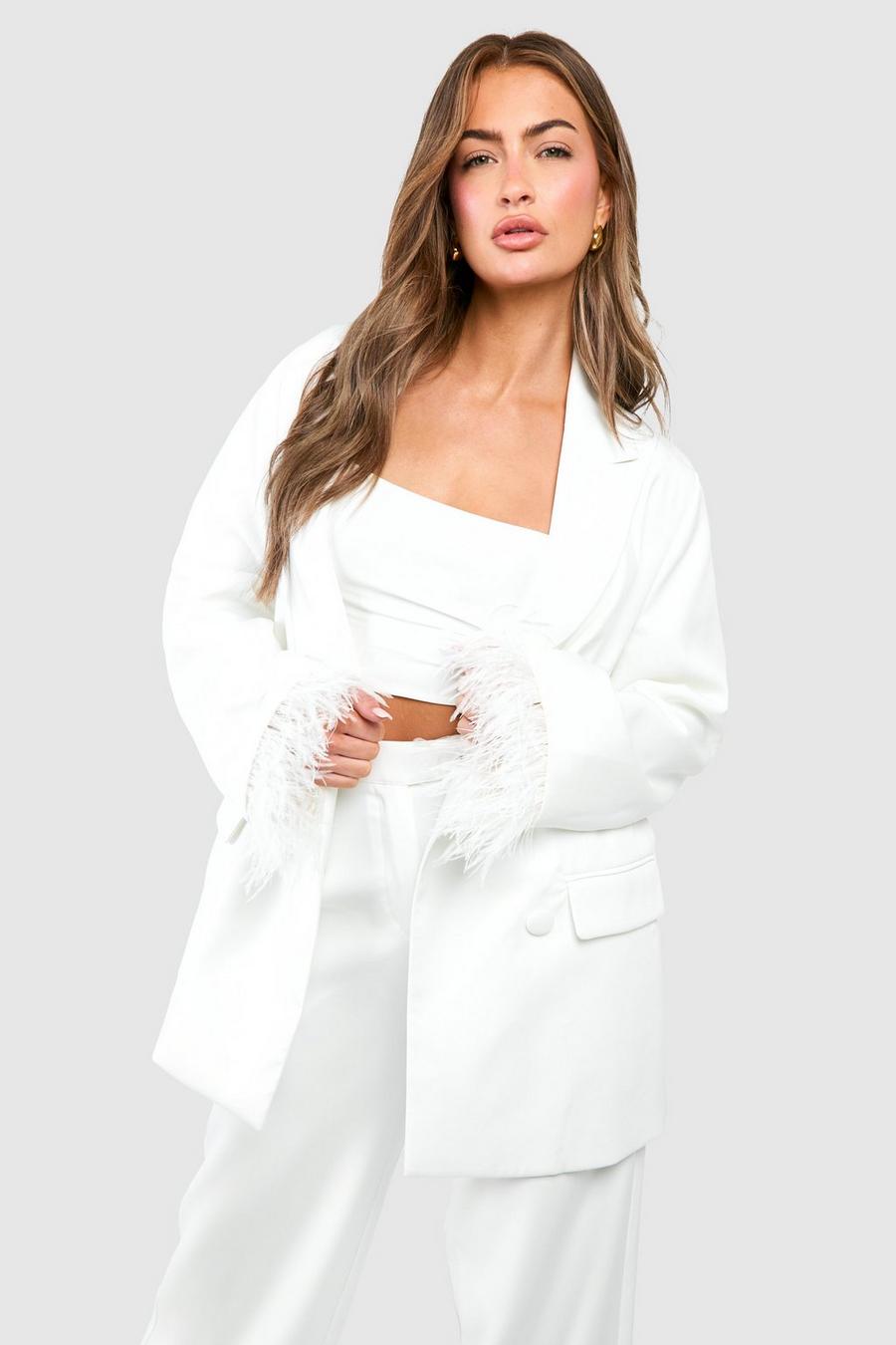 Ivory Feather Trim Relaxed Fit Blazer image number 1