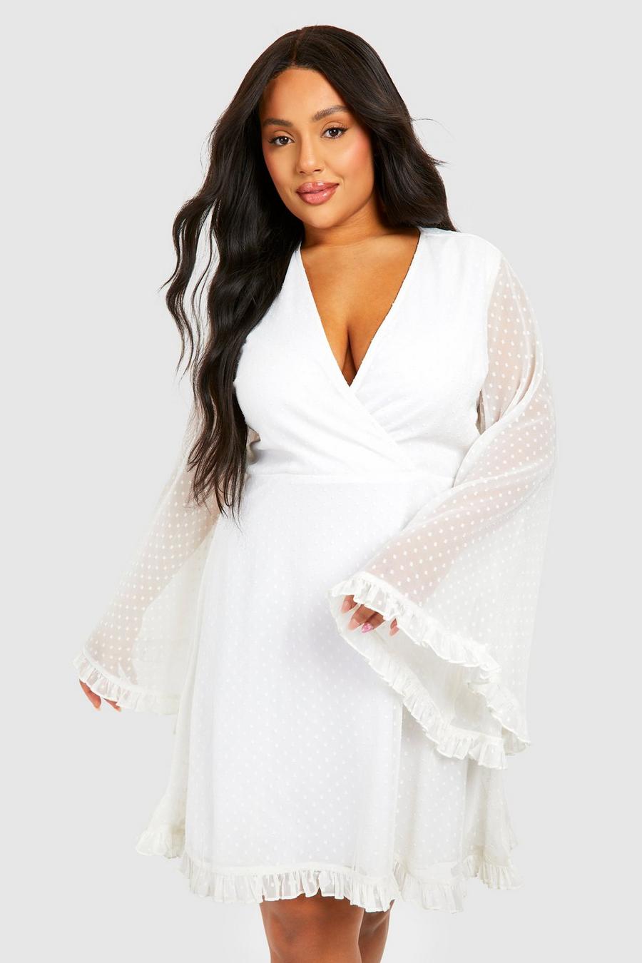 Grande taille - Robe patineuse en plumetis à manches larges, Ivory