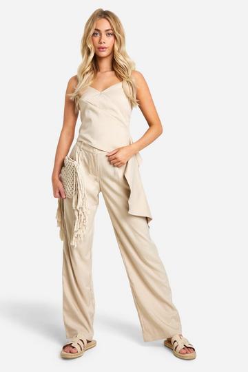 Beige Linen Look Pleat Front Wide Leg Trousers