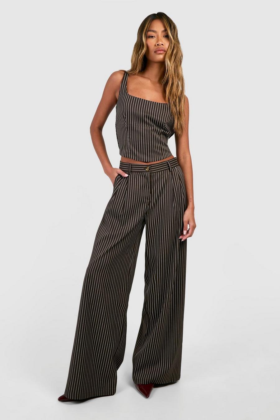 Chocolate Textured Pinstripe Wide Leg Pants image number 1