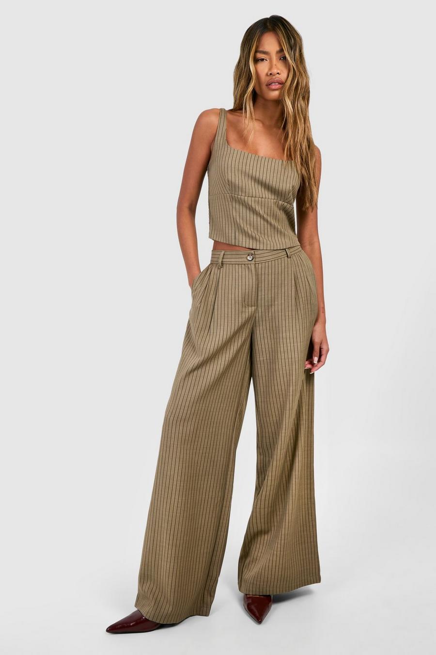 Taupe Textured Pinstripe Wide Leg Trousers  image number 1