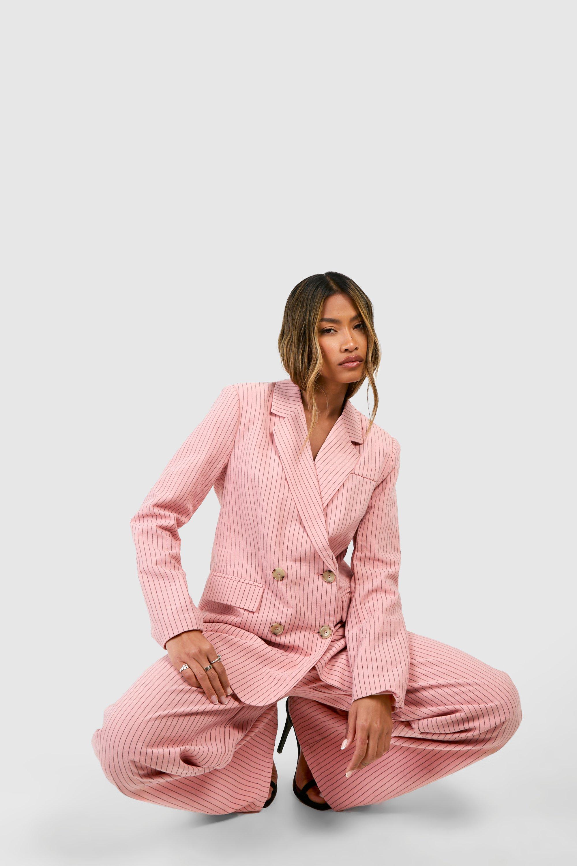 Pink pinstripe trousers on sale