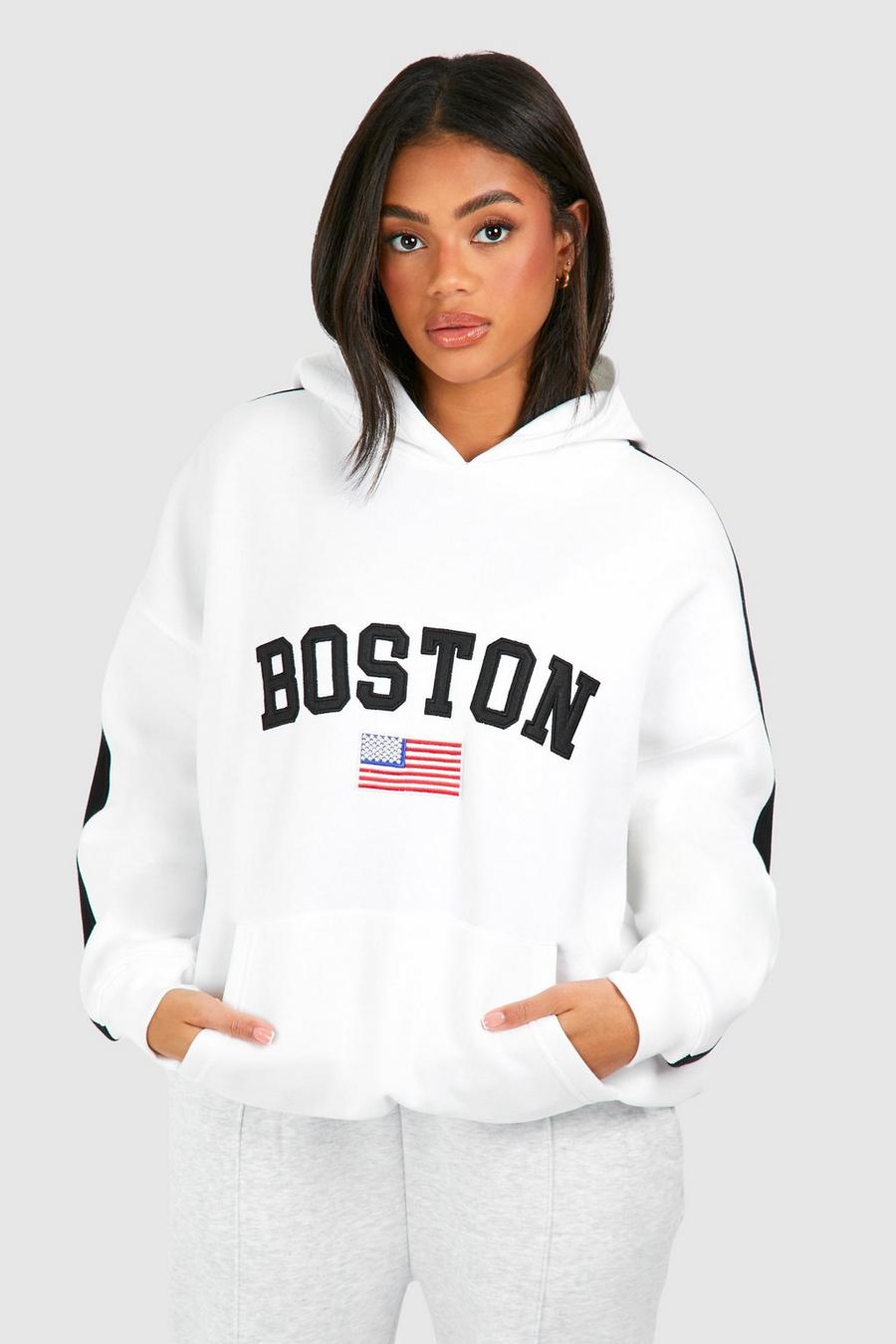 Sudadera oversize con capucha, aplique de Boston y colores en bloque, Ecru image number 1