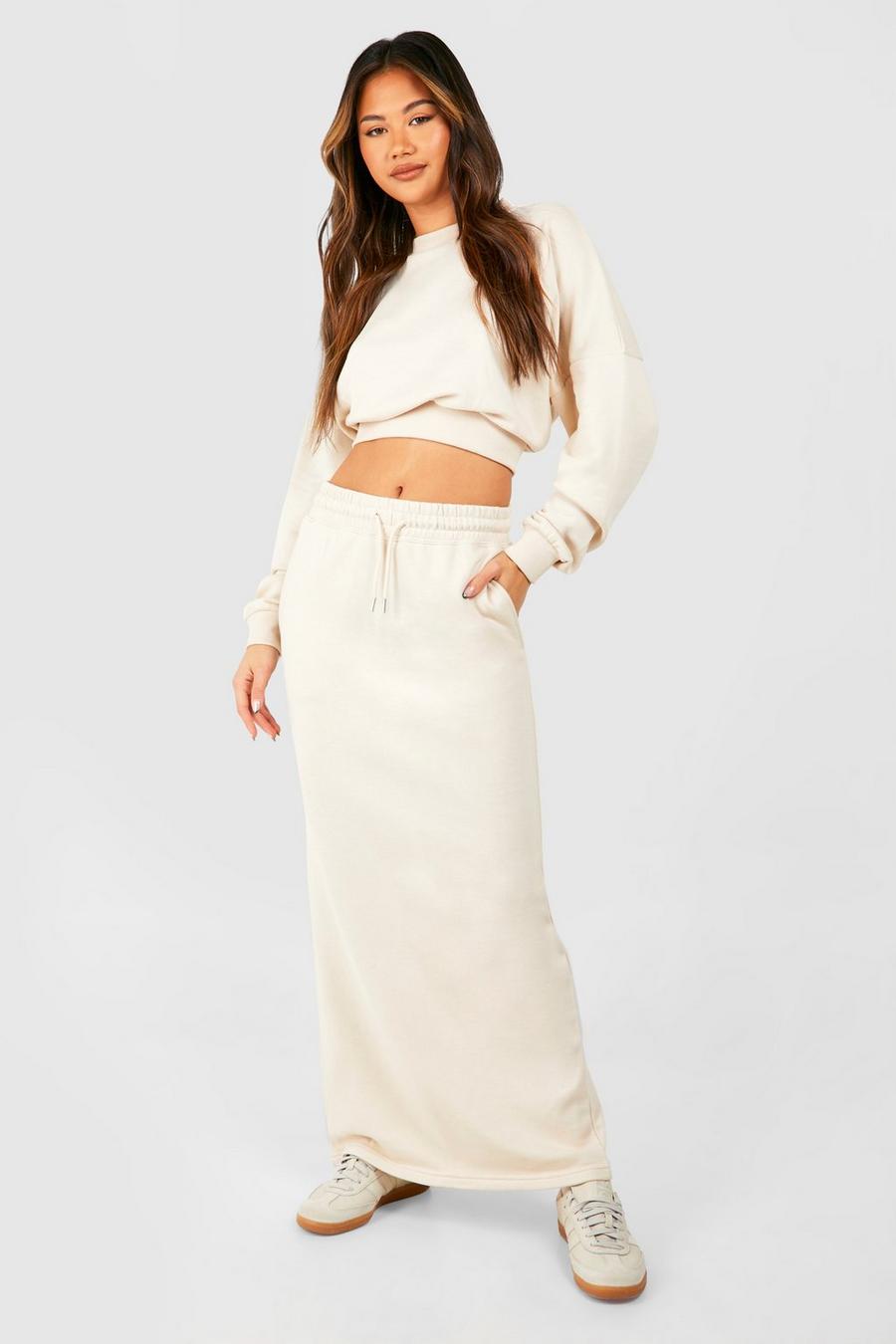 Stone Cropped Sweatshirt And Sweat Midi Skirt Set  image number 1