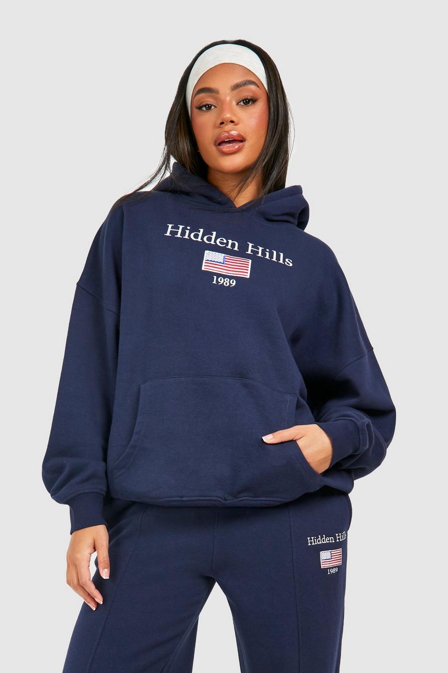 Navy Hidden Hills Embroidered Slogan Boxy Oversized Hoodie image number 1