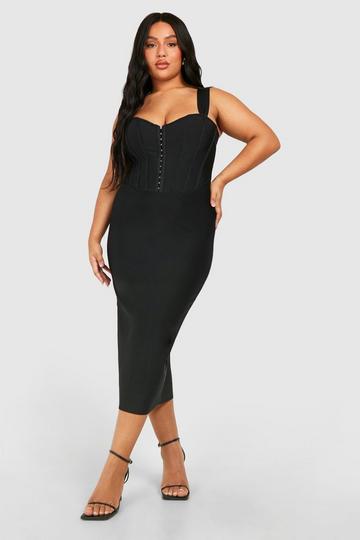 Black Plus Bandage Hook & Eye Split Midi Dress