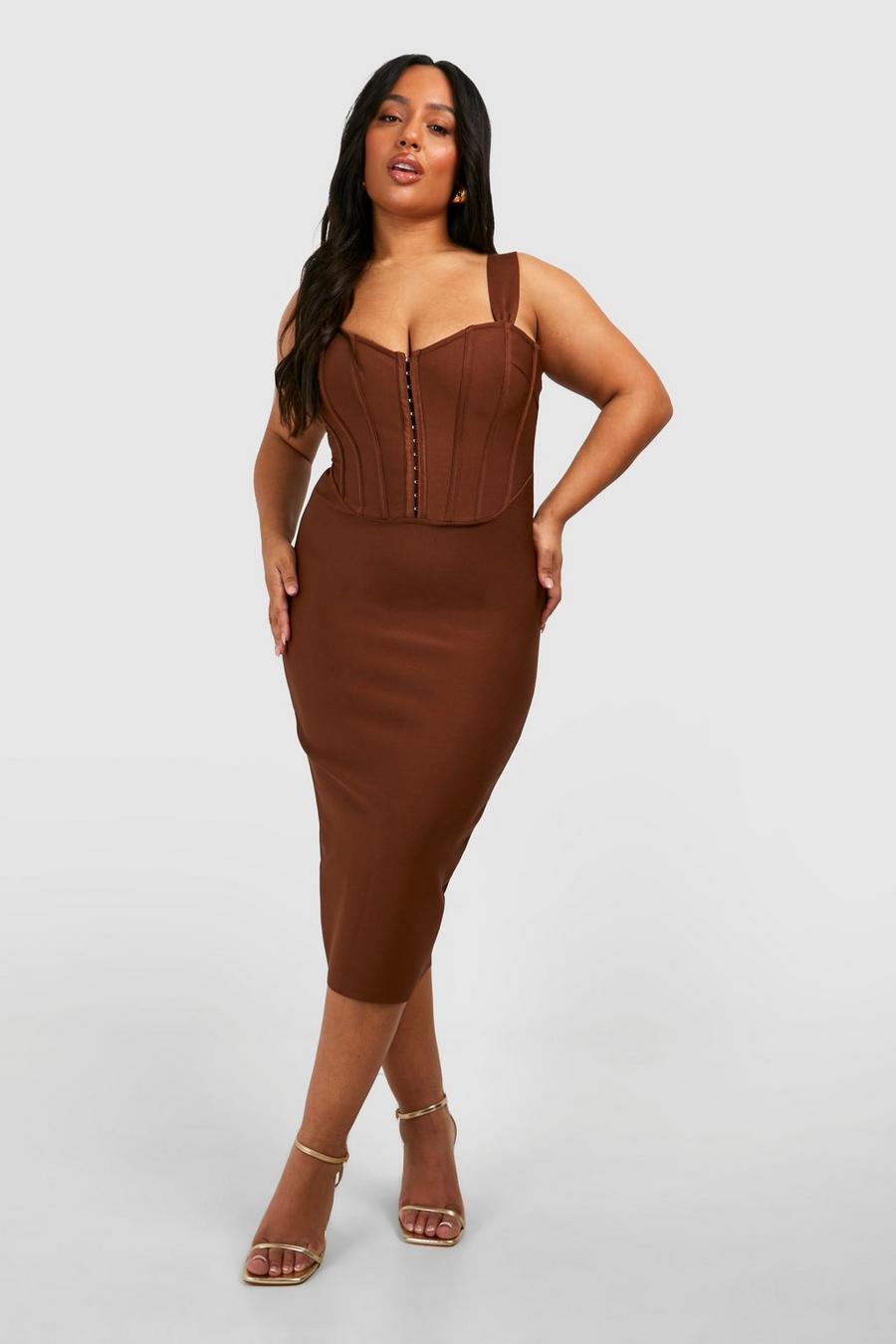 Plus Chocolate Brown Bandage Panelled Bodyco